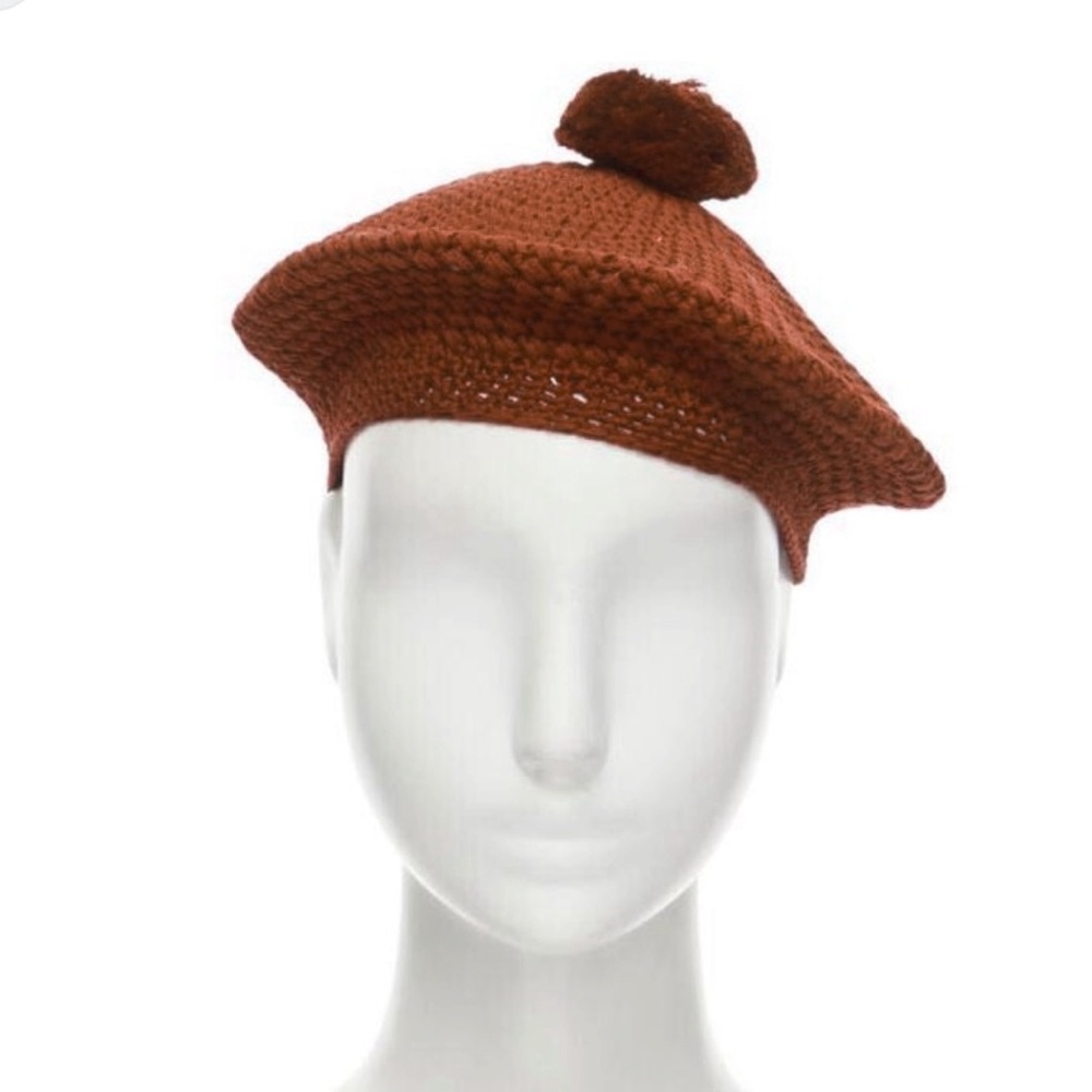 GUCCI Knit Cotton Beret in Brown with Pom Pom NEW